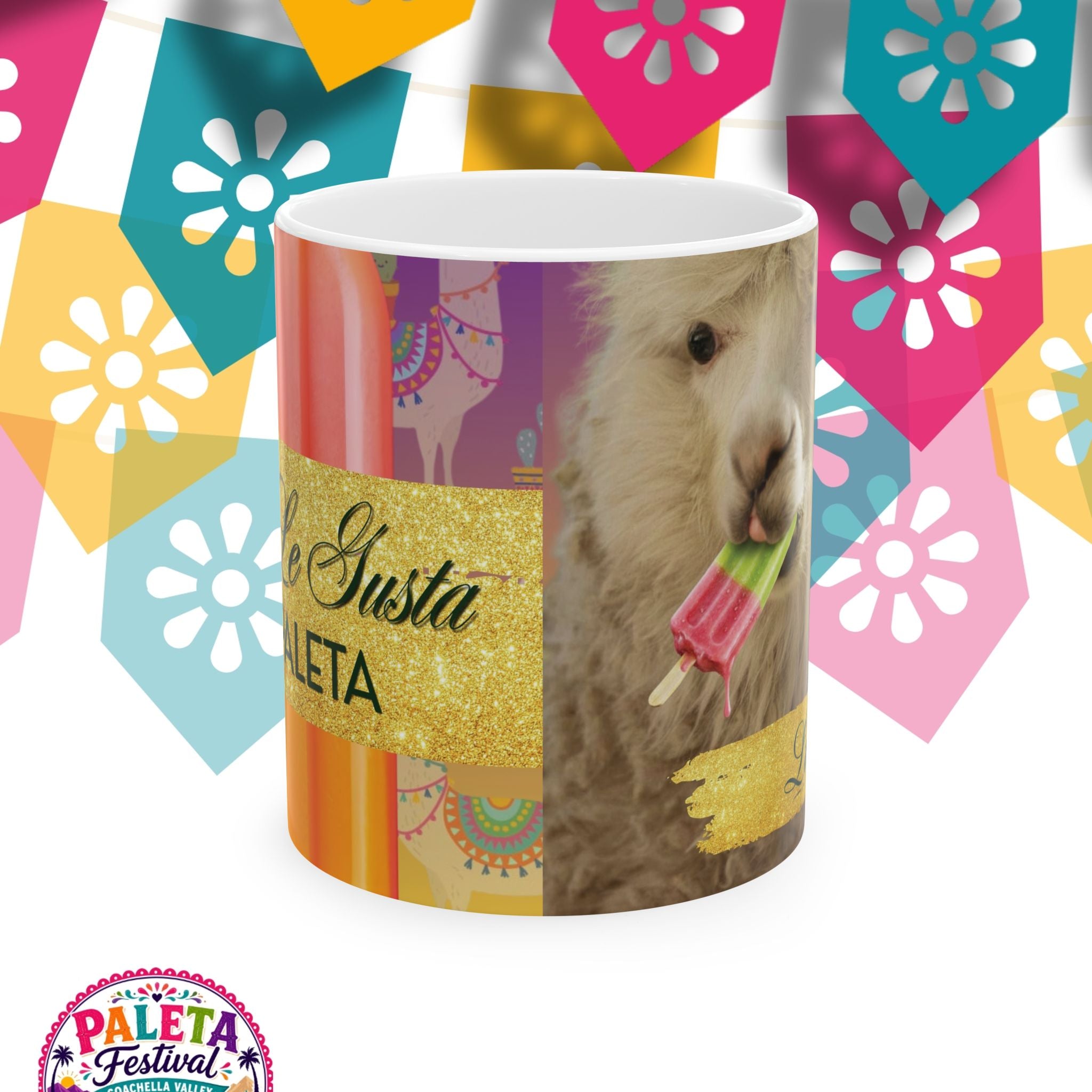 Ceramic Mug — Cute Alpaca Eating Paleta | Colorful Fiesta Coffee Cup (11oz/15oz)