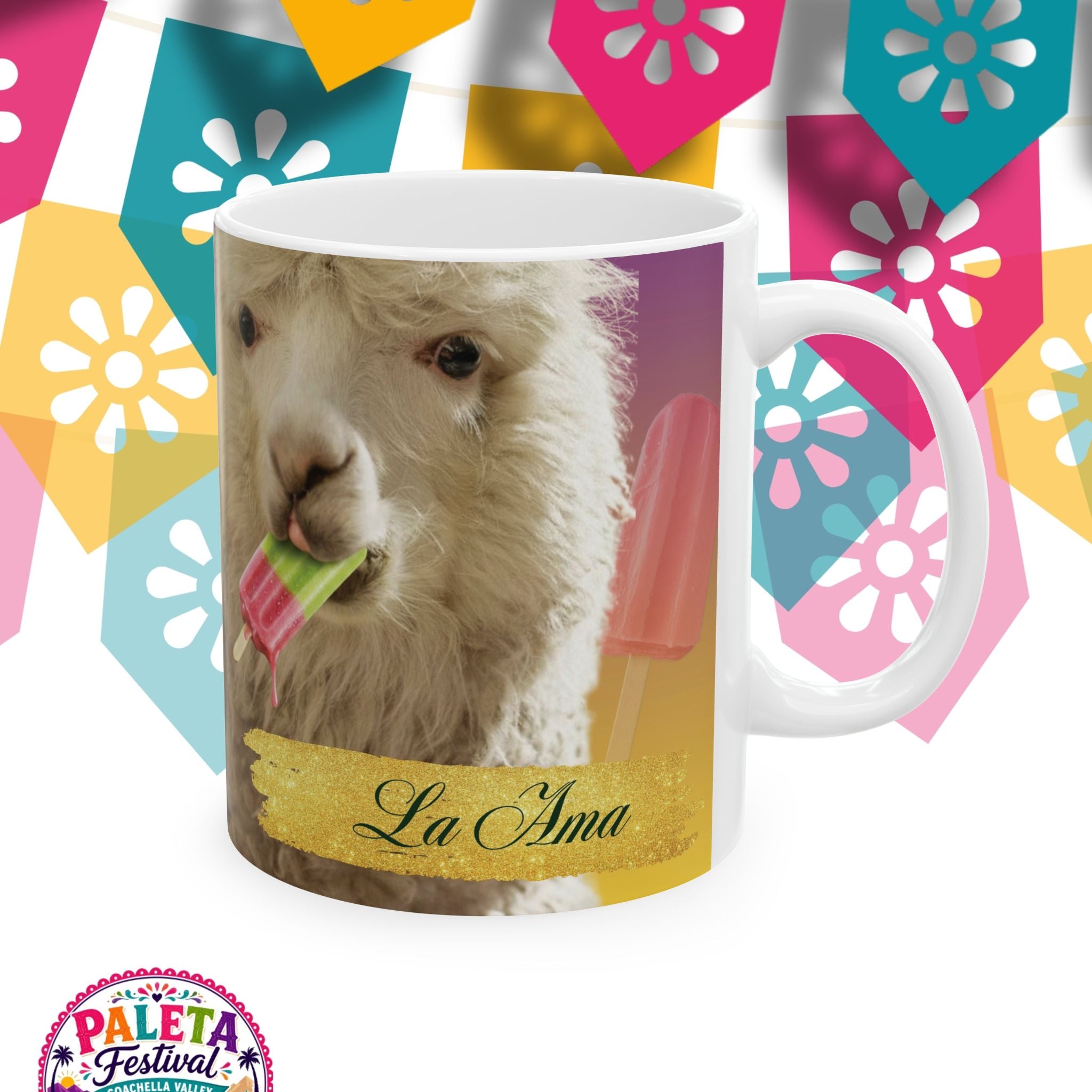 Ceramic Mug — Cute Alpaca Eating Paleta | Colorful Fiesta Coffee Cup (11oz/15oz)